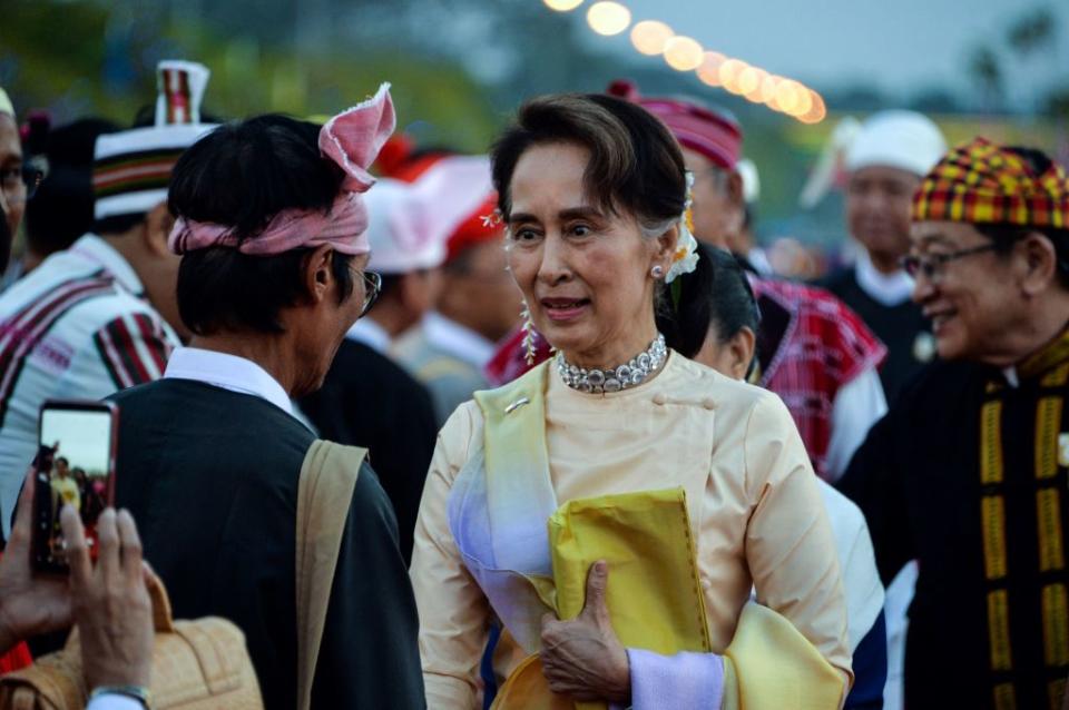 Myanmar State Counsellor Aung San Suu Kyi arrive to attend a reception to mark the 72nd anniversary of country's National Union Day in Naypyidaw on February 12, 2019.<span class="copyright">Thet Aung–AFP/Getty Images</span>