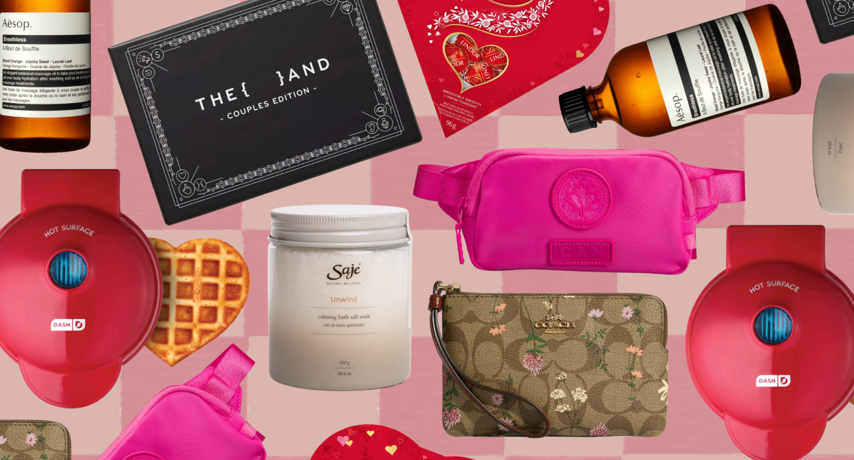 collage of waffle maker, saje bath soak, coach wristlet, lululemon belt bag, valentine's day gift chocolates