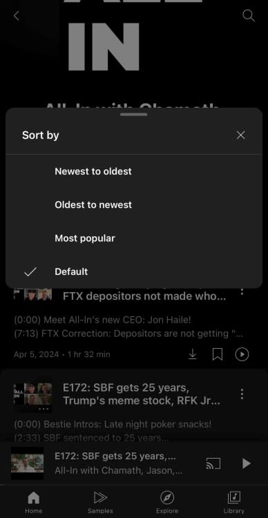 Sorting podcasts in YouTube Music
