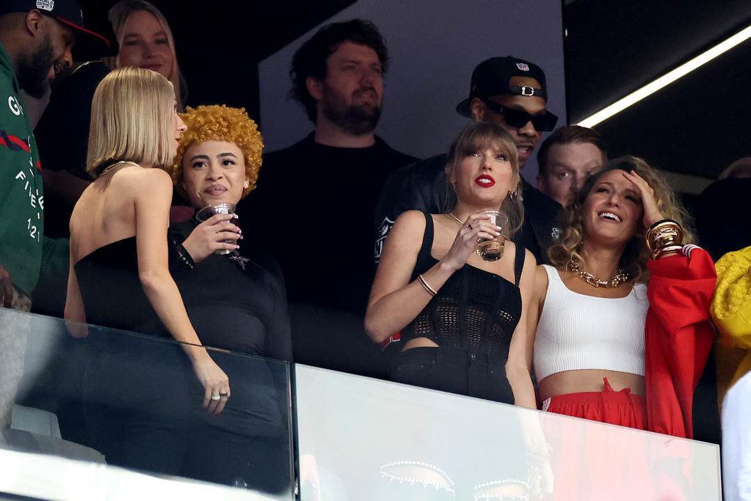 LAS VEGAS, NEVADA - FEBRUARY 11: Rapper Ice Spice, singer Taylor Swift and Actress Blake Lively react before Super Bowl LVIII between the San Francisco 49ers and Kansas City Chiefs at Allegiant Stadium on February 11, 2024 in Las Vegas, Nevada. (Photo by Ezra Shaw/Getty Images)