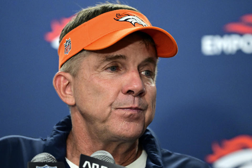 Denver Broncos head coach Sean Payton addresses the media after an NFL football game against the Detroit Lions, Saturday, Dec. 16, 2023, in Detroit. (AP Photo/David Dermer)