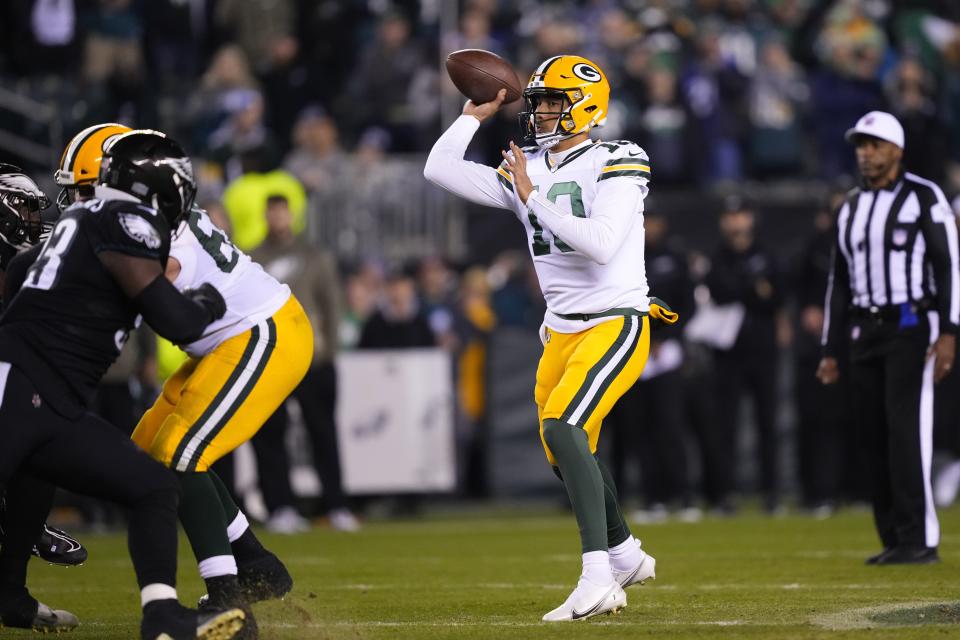 Green Bay Packers quarterback Jordan Love (10) throws during the second half of an NFL football game against the Philadelphia Eagles, Sunday, Nov. 27, 2022, in Philadelphia. (AP Photo/Matt Rourke)