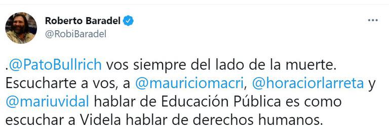 Baradel arremetió contra Bullrich en Twitter.