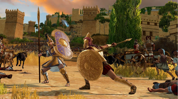 Achilles (right) squares off in a duel with Hector of Troy.