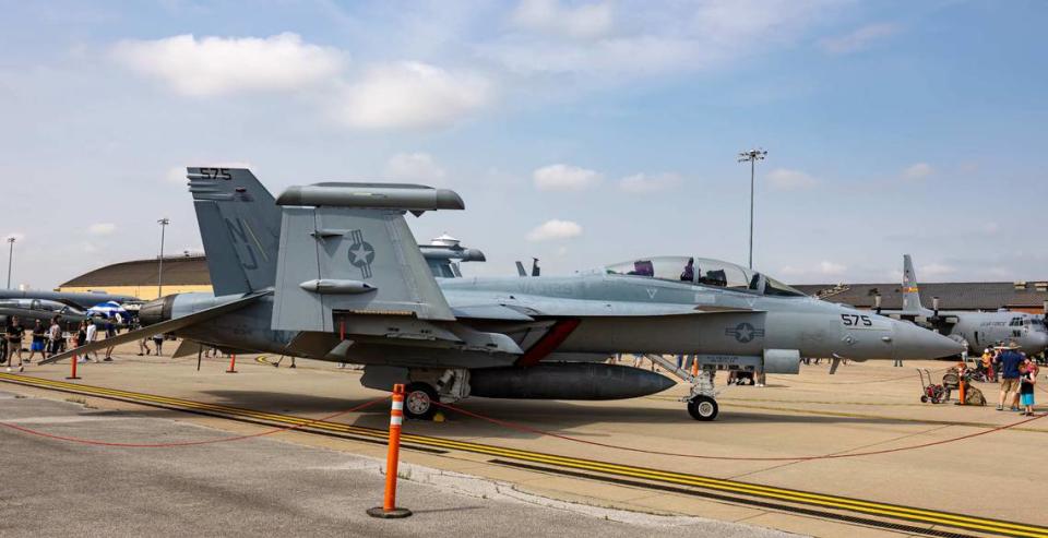 Pictured is an F-18 fighter plane during the Scott Air Force Base Airshow. The airshow, at SAFB for the first time since 2017, drew large crowds.