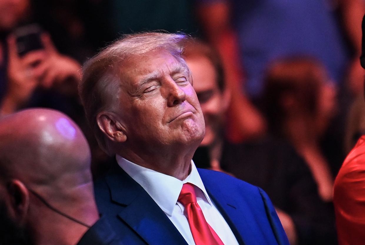 Former president Donald Trump attends the Ultimate Fighting Championship event at the Kaseya Center in Miami, Florida, on April 8. (AFP via Getty Images)