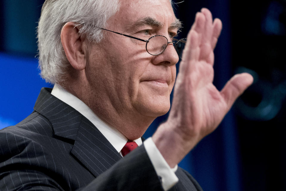 Secretary of State Rex Tillerson waves goodbye after speaking aat the State Department in Washington, Tuesday, March 13, 2018. President Donald Trump fired Tillerson and said he would nominate CIA Director Mike Pompeo to replace him, in a major staff reshuffle just as Trump dives into high-stakes talks with North Korea. (AP Photo/Andrew Harnik)