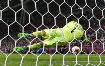 Soccer Football - Portugal v Chile - FIFA Confederations Cup Russia 2017 - Semi Final - Kazan Arena, Kazan, Russia - June 28, 2017 Chile’s Claudio Bravo saves from Portugal’s Joao Moutinho during the penalty shoot out. REUTERS/Darren Staples