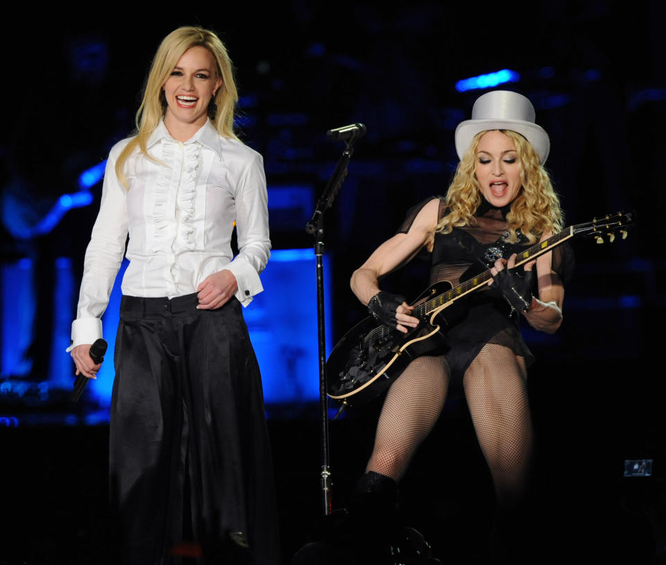 <span><span>Madonna performs with Britney Spears during the Los Angeles leg of her "Sticky and Sweet" tour at Dodgers Stadium in Los Angeles on November 6, 2008.</span><span>Jim Ruymen/UPI/Shutterstock</span></span>