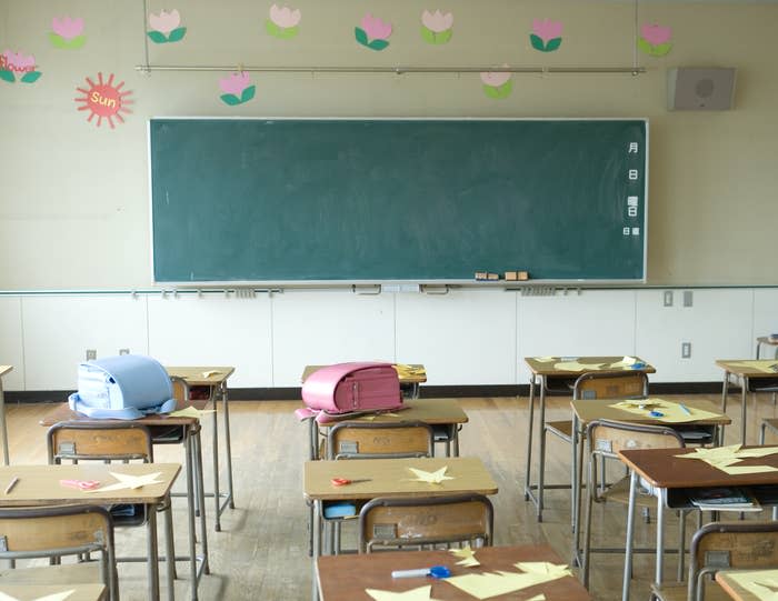 Empty classroom with desks, backpacks and papers, blackboard in front.  No people present