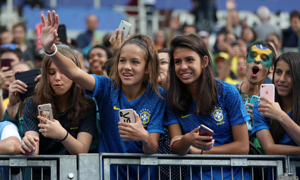 GRENOBLE, FRANCE - JUNE 09:  Fans enjoy the match during the 2019 FIFA Women's World Cup France group C match between Brazil and Jamaica at Stade des Alpes on June 09, 2019 in Grenoble, France. (Photo by Naomi Baker - FIFA/FIFA via Getty Images)