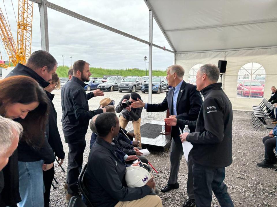 U.S. Senator Thom Tillis and Wolfspeed CEO Gregg Lowe spoke March 26, 2024 at the Durham semicondcutor company’s incoming Chatham County facility.