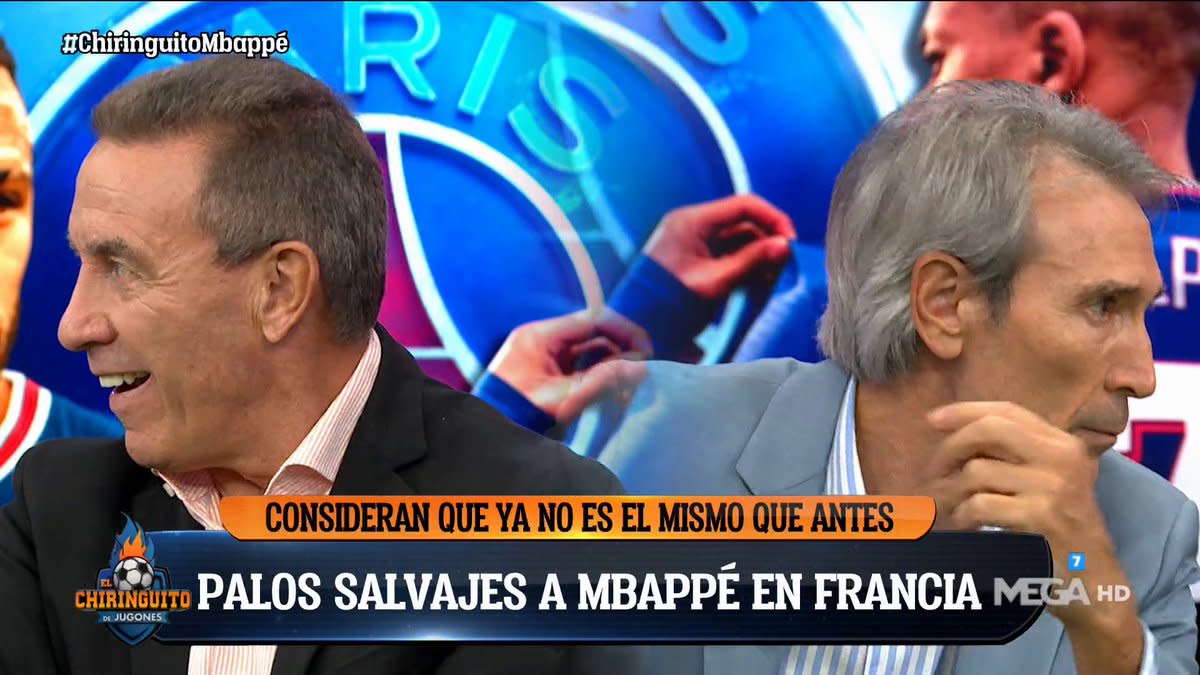 Paco Buyo aprovecha una mala expresión de Lobo Carrasco hablando de Leo Messi para sonrojarle. Imagen: Twitter/El Chiringuito TV.