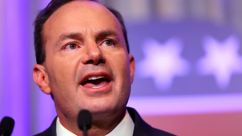 Sen. Mike Lee, R-Utah, speaks to the crowd as Utah Republicans gather for an election night party at the Hyatt Regency in Salt Lake City on Nov. 8, 2022.