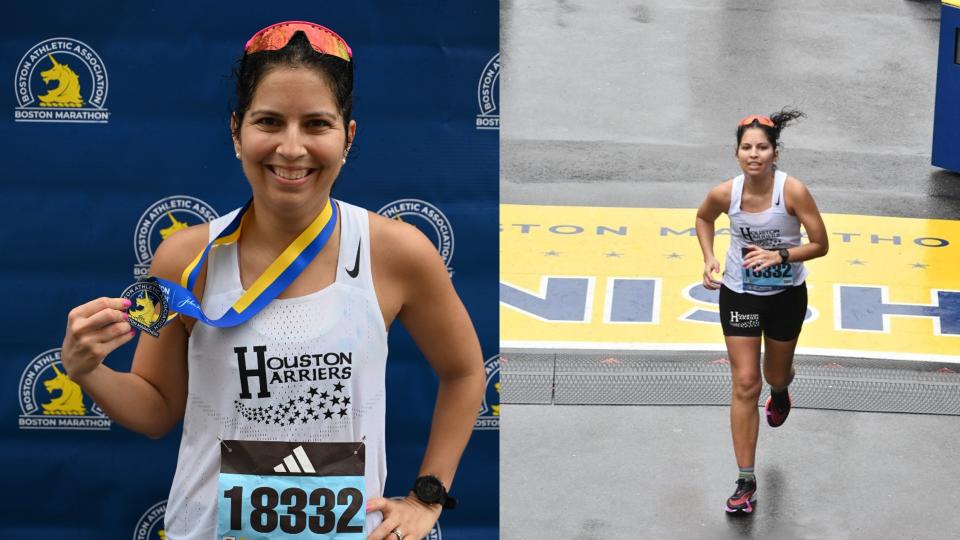  Two images side by side of Emilia Benton holding her Boston Marathon finisher’s medal and Emilia Benton crossing the Boston Marathon finish line. 