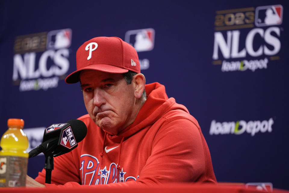 Philadelphia Phillies' Rob Thomson listens to a question during a news conference before the baseball NL Championship Series against the Arizona Diamondbacks, Sunday, Oct. 15, 2023, in Philadelphia. The Phillies host Game 1 on Monday, Oct. 16. (AP Photo/Matt Slocum)