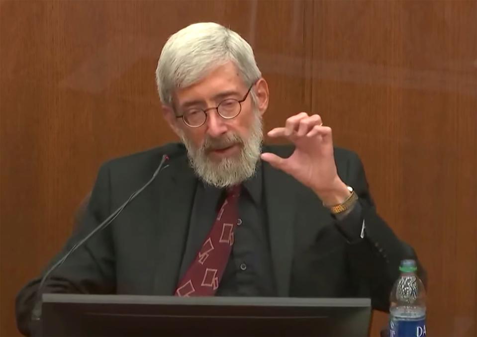 In this screen grab from video, Dr. Laurence Miller, a psychologist, testifies as Hennepin County Judge Regina Chu presides over court Friday, Dec. 17, 2021, in the trial of former Brooklyn Center police Officer Kim Potter in the April 11, 2021, death of Daunte Wright, at the Hennepin County Courthouse in Minneapolis, Minn.