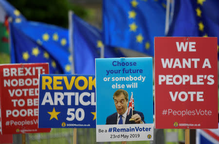 Anti-Brexit placards and EU flags are seen outside of the Houses of Parliament, ahead of the forthcoming EU elections, in London, Britain, May 22, 2019. REUTERS/Toby Melville