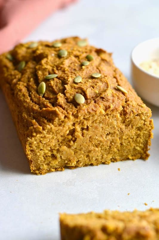 <p>Skinny Fitalicious</p><p>Healthy pumpkin oat bread made flourless with gluten-free oats and lightly sweetened. A naturally low-calorie, low-fat, low-sugar snack. </p><p><strong>Get the recipe: <em><a href="https://skinnyfitalicious.com/healthy-pumpkin-oat-bread-gf-low-calorie/" rel="nofollow noopener" target="_blank" data-ylk="slk:Healthy Pumpkin Oat Bread;elm:context_link;itc:0;sec:content-canvas" class="link ">Healthy Pumpkin Oat Bread</a></em></strong></p>