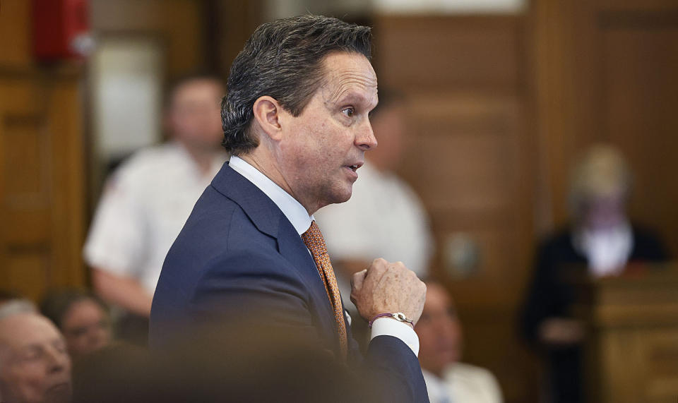 Defense lawyer Alan Jackson cross examines cross examines witness Massachusetts State Trooper Michael Proctor during Karen Read's trial, Wednesday, June 12, 2024, in Norfolk Super Court in Dedham, Mass. Read is facing charges, including second degree murder, in the 2022 death of her boyfriend Boston Officer John O’Keefe. (Greg Derr/The Patriot Ledger via AP, Pool)