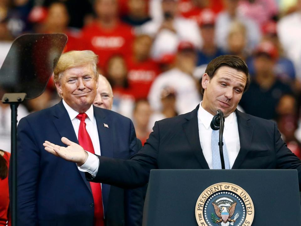 Florida Gov. Ron DeSantis speaks about President Donald Trump during a campaign rally Tuesday, November 26, 2019, in Sunrise, Florida.