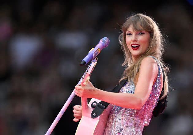 Taylor Swift performs onstage during the Eras Tour at Wembley Stadium on Aug. 15 in London, England.