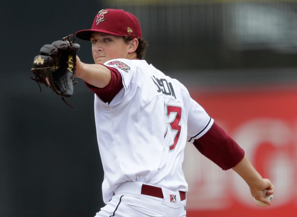 Wisconsin Timber Rattlers' Reese Olson (13) pitches against the Quad Cities River Bandits during their baseball game Thursday, July 7, 2021, at Neuroscience Group Field at Fox Cities Stadium in Grand Chute, Wis. The Wisconsin Timber Rattlers won 8-7.Dan Powers/USA TODAY NETWORK-Wisconsin