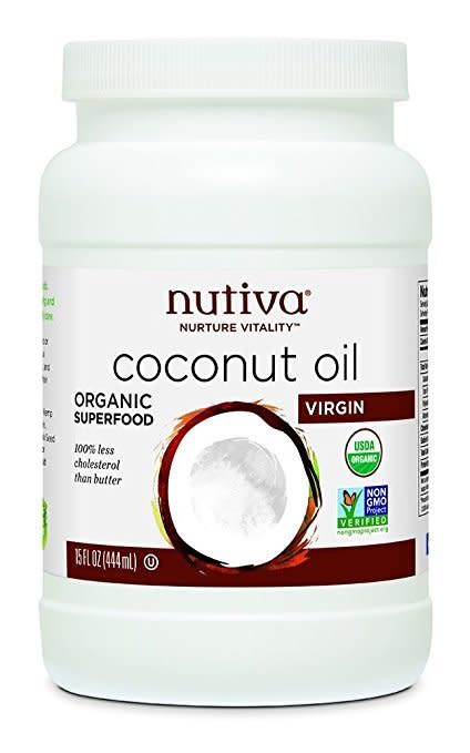 Get it <a href="https://www.amazon.com/Nutiva-Organic-Virgin-Coconut-Ounce/dp/B004NTCE1M/ref=sr_1_2_sspa?ie=UTF8&amp;qid=1505484849&amp;sr=8-2-spons&amp;keywords=coconut%2Boil&amp;th=1" target="_blank"><strong>here</strong></a>, $8.