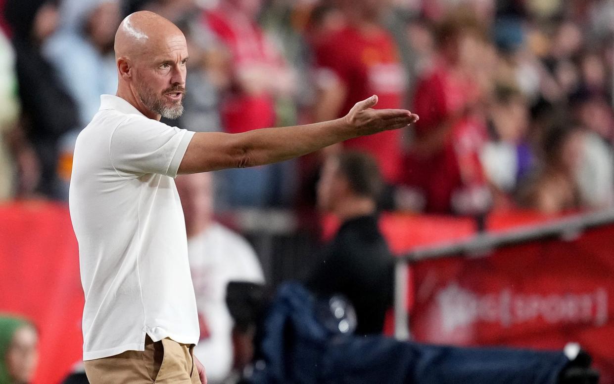 Head coach Erik ten Hag pf Manchester United watches his team play against Liverpool during a pre-season friendly in Columbia, South Carolina