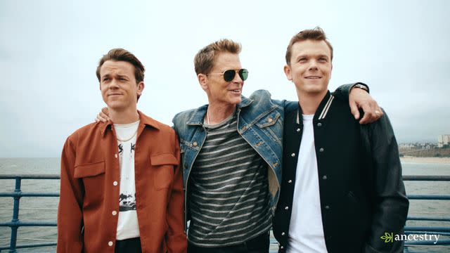 <p>Ancestry.com</p> Rob Lowe (center) and his sons visit the Santa Monica Pier