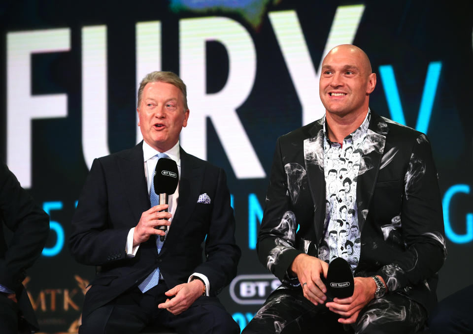 Promoter Frank Warren (left) and Tyson Fury during the press conference at BT Sport Studio, London. (Photo by Kirsty O'Connor/PA Images via Getty Images)