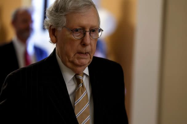 PHOTO: Senate Minority Leader Mitch McConnell walks to the Senate Chambers in the Capitol, Sept. 27, 2022. (Anna Moneymaker/Getty Images)