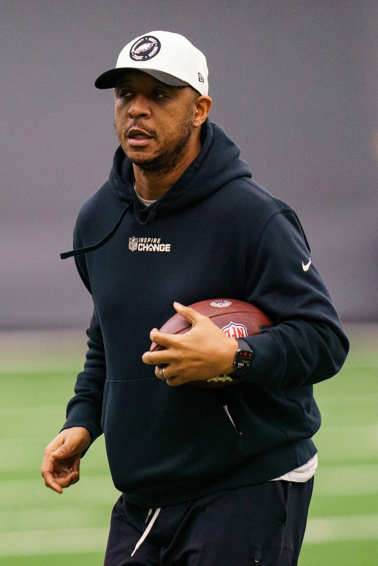 D.K. McDonald, a 2001 Edinboro University graduate and former football player for the Fighting Scots, is shown here in a Jan. 26, 2023, photograph in his role as assistant defensive backs coach for the Philadelphia Eagles. McDonald had that role last season when the Eagles lost to the Kansas City Chiefs in Super Bowl LVII.