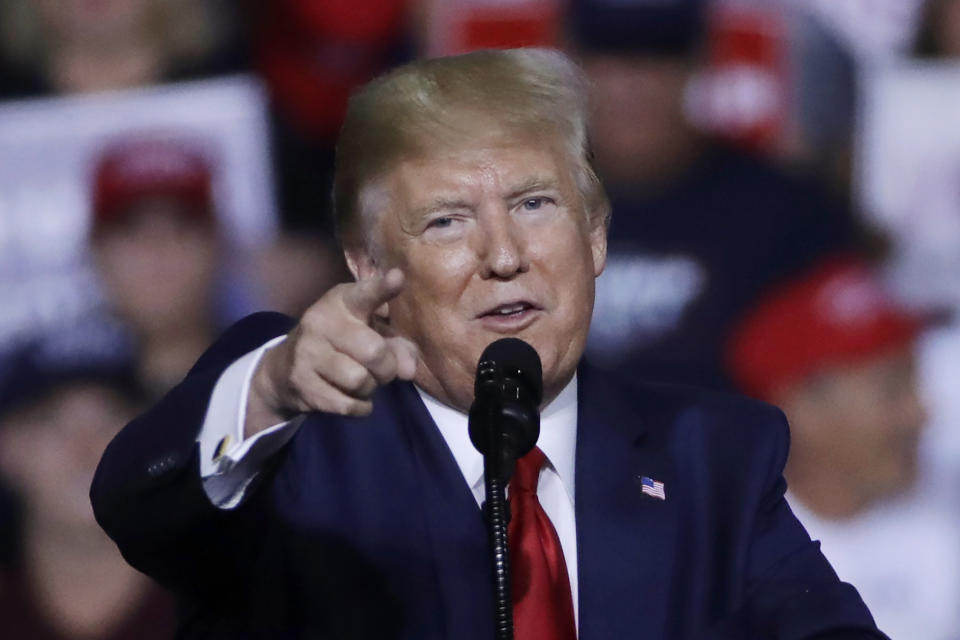 President Donald Trump speaks at a campaign rally, Thursday, Aug. 15, 2019, in Manchester, N.H. (AP Photo/Elise Amendola)