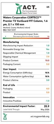 Waters is the first vendor to obtain ACT Ecolabel Certification for its Liquid Chromatography Columns.