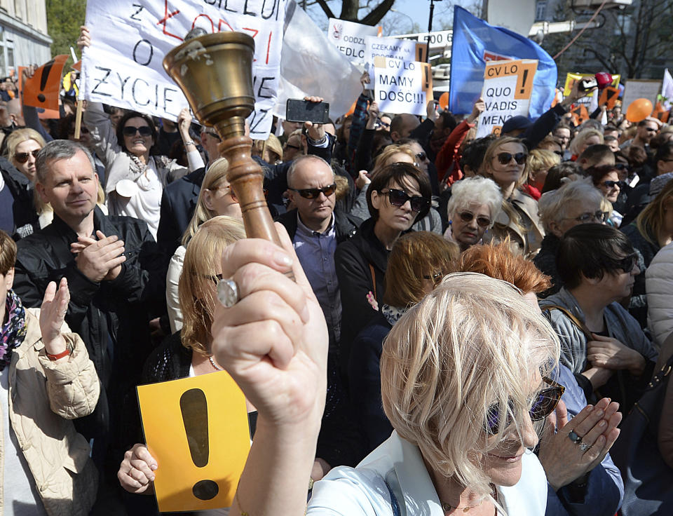 Teachers from across Poland gather in Warsaw, Tuesday, April 23, 2019. The teachers demand higher wages in a long-running dispute that is emerging as another fissure in a deeply divided society. (AP Photo/Czarek Sokolowski)