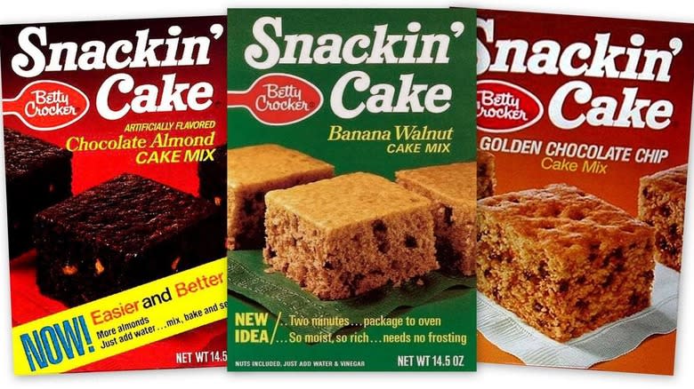 Three photos of Betty Crocker Snackin' Cakes boxes