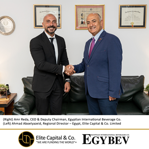 Egyptian International Beverage Co. signs an agreement to finance its new factories with Elite Capital & Co. Limited. (Right) Amr Reda, CEO & Deputy Chairman, Egyptian International Beverage Co.(Left) Ahmad Aboelyazeid, Regional Director – Egypt, Elite Capital & Co. Limited.