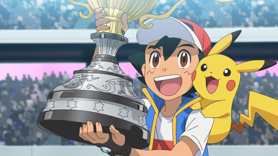 Ash Ketchum celebrates his Pokémon world championship with his iconic partner, Pikachu.