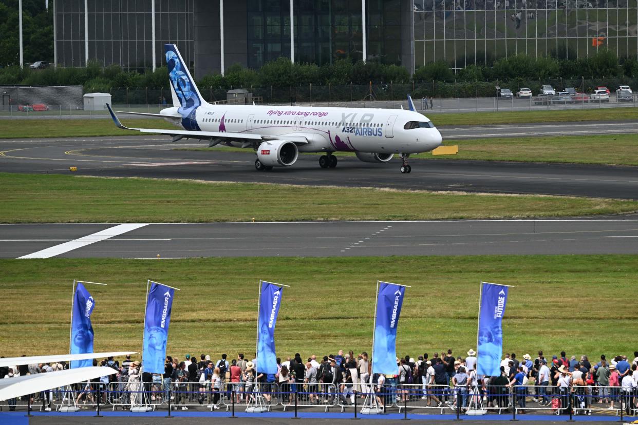 Airbus A321 253 XLR performs a demonstration flight during the fifth day of Farnborough International Airshow at Farnborough International Exhibition & Conference Centre in Farnborough, United Kingdom on July 26, 2024.