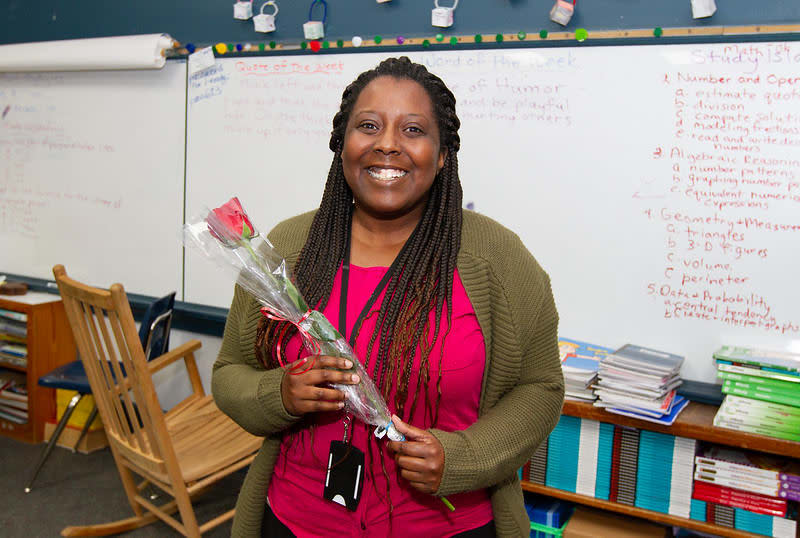 Akela Leach, fifth-grade teacher at Lanier Elementary School, posing in her classroom after being named one of five finalists for the 2019-2020 Tulsa Public Schools Teacher of the Year award. (Lanier Elementary School)