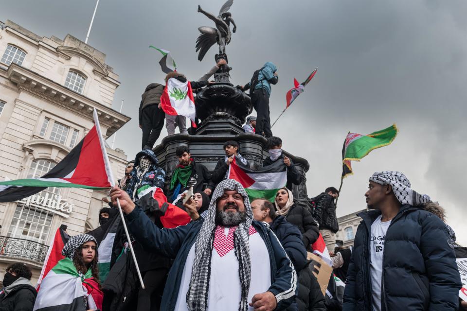 London, UK, October 21, 2023. A protest proceeding from Marble Arch to Downing Street, supporting the Palestinian cause in the Hamas-Israel conflict.  (Tennessee Jones - Alamy Live News)