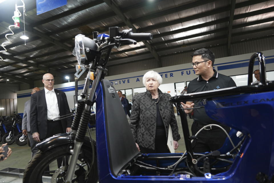 U.S. Treasury Secretary Janet Yellen visits a factory assembling electric scooters in Hanoi, Vietnam on Thursday, July 20, 2023. The U.S. considers building strong economic and security ties with Vietnam a priority, Yellen said as she met with Vietnamese officials in a visit aimed at fortifying America's relations across Asia. (AP Photo/Hau Dinh)