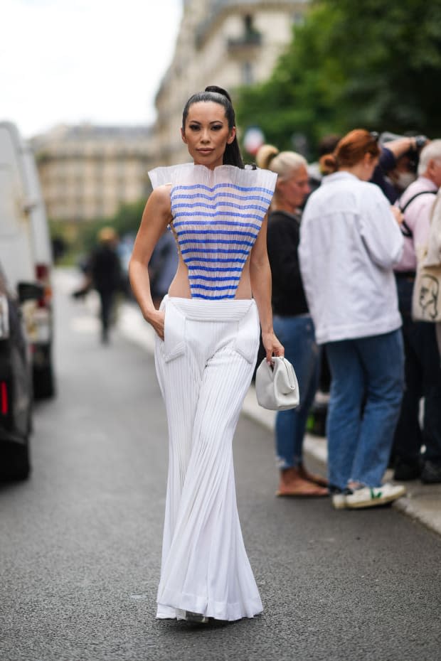 Christine Chiu, in Jean-Paul Gaultier, at the Fall 2021 haute couture shows in Paris in July 2021.<p>Photo: Edward Berthelot/Getty Images</p>