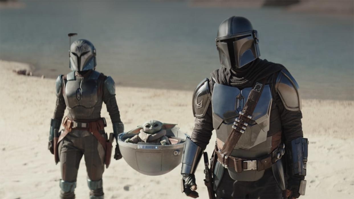  Din Djarin and Bo-Katan with Grogu in The Mandalorian Season 3 Episode 3 