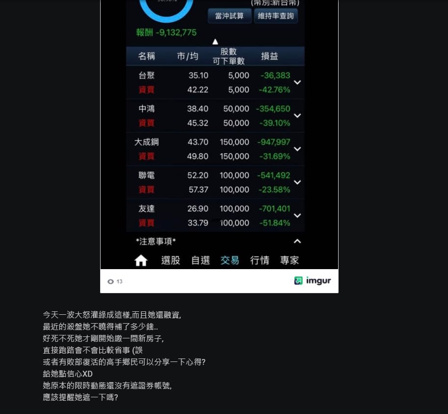 她利用融資遭遇台股重挫「慘賠900萬」！網見這數字：賠不多啊
