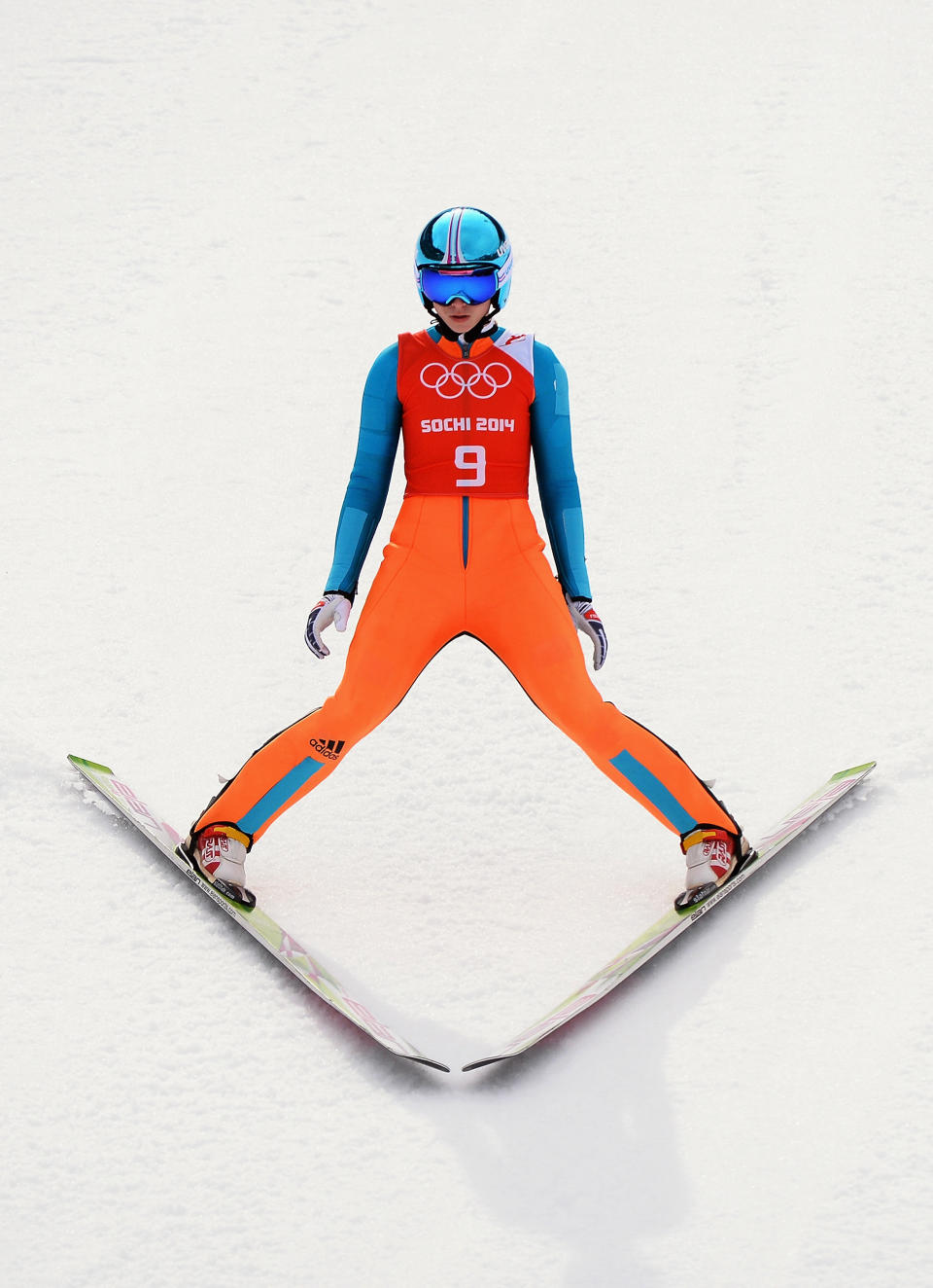 Spela Rogelj of Slovenia lands her jump during the Ladies' Normal Hill Individual Ski Jumping training on day 2 of the Sochi 2014 Winter Olympics at the RusSki Gorki Ski Jumping Center on February 9, 2014 in Sochi, Russia.