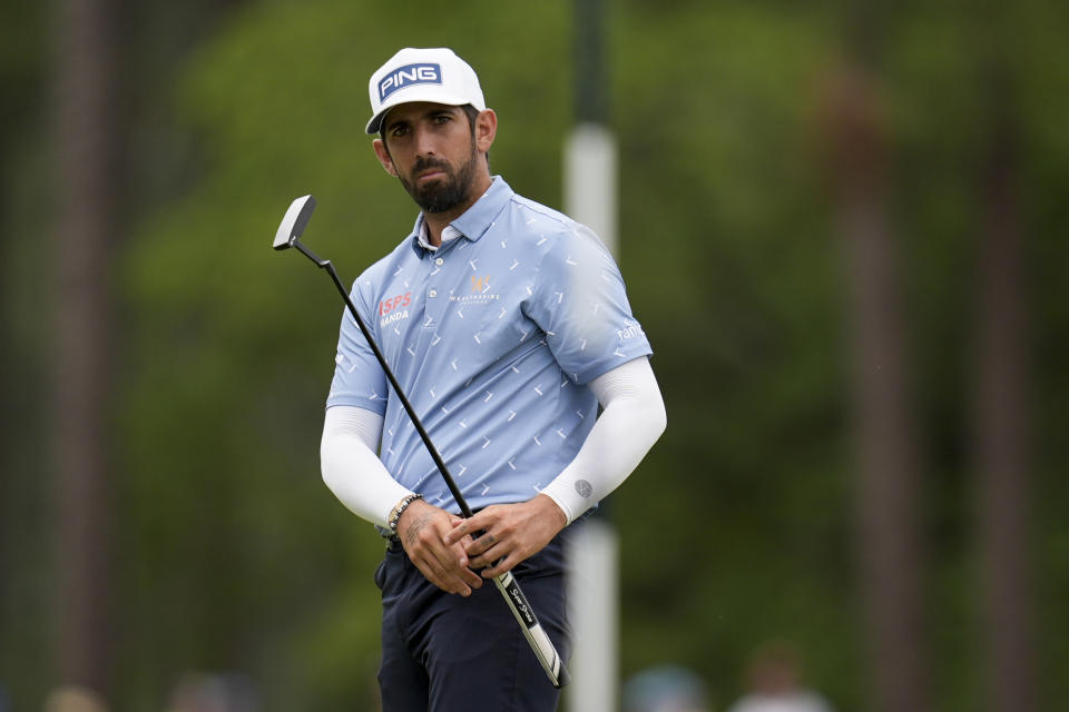 Matthieu Pavon, of France, watches his putt on the 16th hole during the first round of the U.S. Open golf tournament Thursday, June 13, 2024, in Pinehurst, N.C. (AP Photo/Mike Stewart)