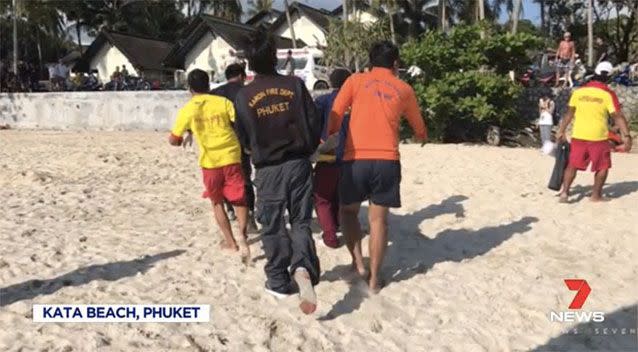 Ms Collie's boyfriend and lifeguards tried to save her on the Phuket beach. Source: 7 News