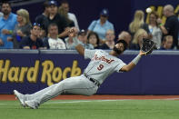 Detroit Tigers leftfielder Willi Castro makes the catch on a fly out by Tampa Bay Rays' Taylor Walls during the fifth inning of a baseball game Monday, May 16, 2022, in St. Petersburg, Fla. (AP Photo/Chris O'Meara)